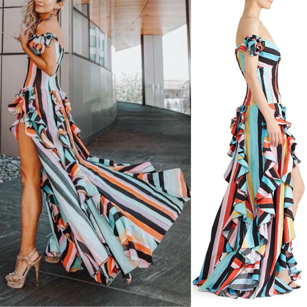 Caroline Constas Rainbow Striped Ruffle Gown Off Shoulder Size Large - Picture 2 of 16